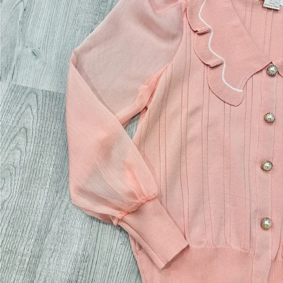 NWOT Pink V-Neck Bib Collar Sweater with Pearl Buttons Sheer Sleeves Size Small - Picture 3 of 6